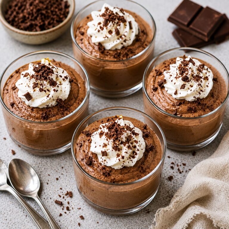Three-ingredient chocolate mousse in small glasses with whipped cream and chocolate shavings