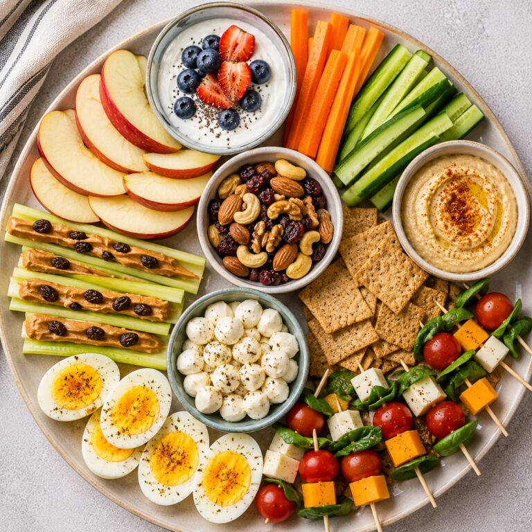 5-minute healthy snack ideas assortment with apple slices, peanut butter, yogurt, nuts, cheese, and veggie sticks