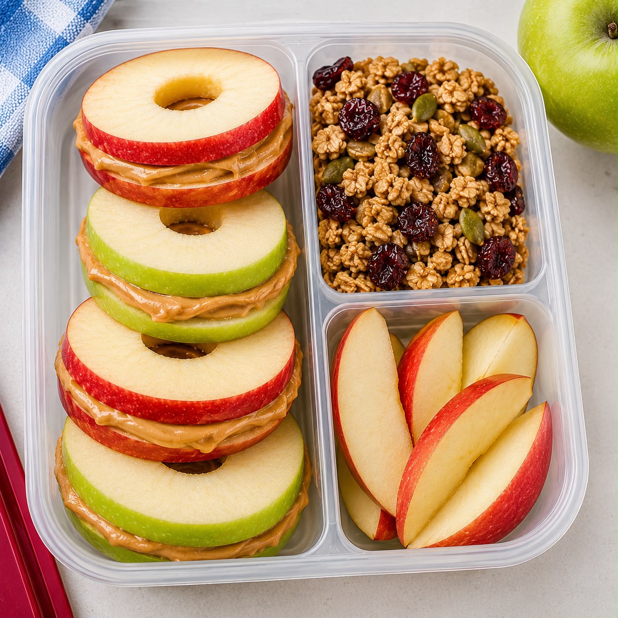 Apple and peanut butter sandwiches - sliced apple rounds sandwiched with peanut butter in a lunchbox