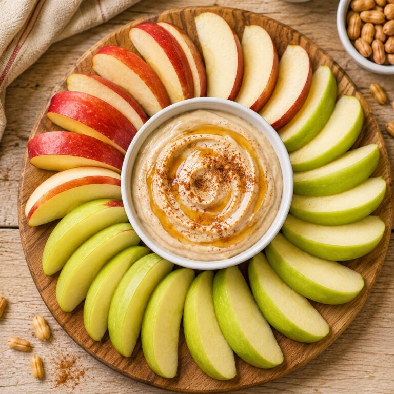 Fresh apple slices arranged around a bowl of creamy peanut butter dip with honey drizzle on a wooden board