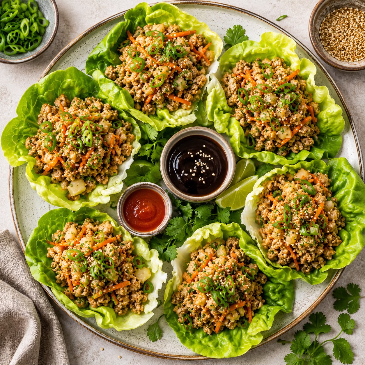 Asian chicken lettuce wraps on a platter with seasoned ground chicken in crisp butter lettuce cups with garnish