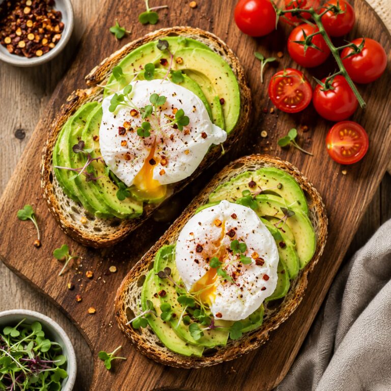 Avocado toast with a perfectly poached egg on rustic bread, garnished with red pepper flakes and microgreens