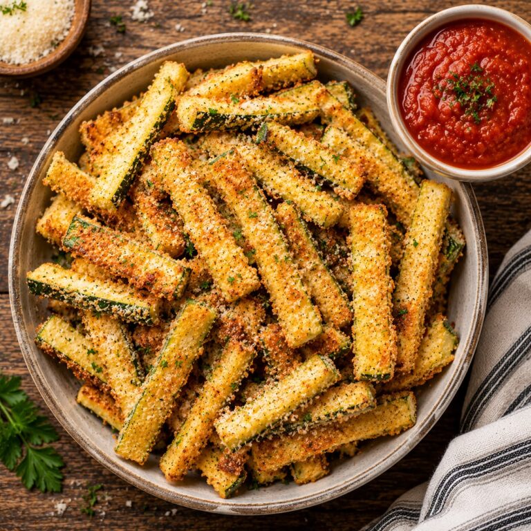 Crispy baked zucchini fries in a ceramic bowl with golden-brown panko crust and marinara dipping sauce