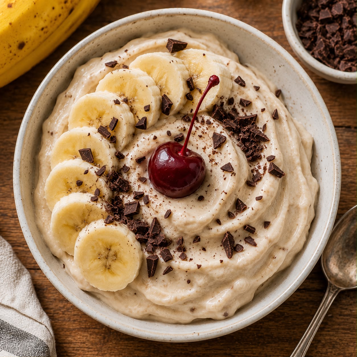 Creamy banana nice cream in a bowl topped with sliced bananas, dark chocolate shavings, and a cherry