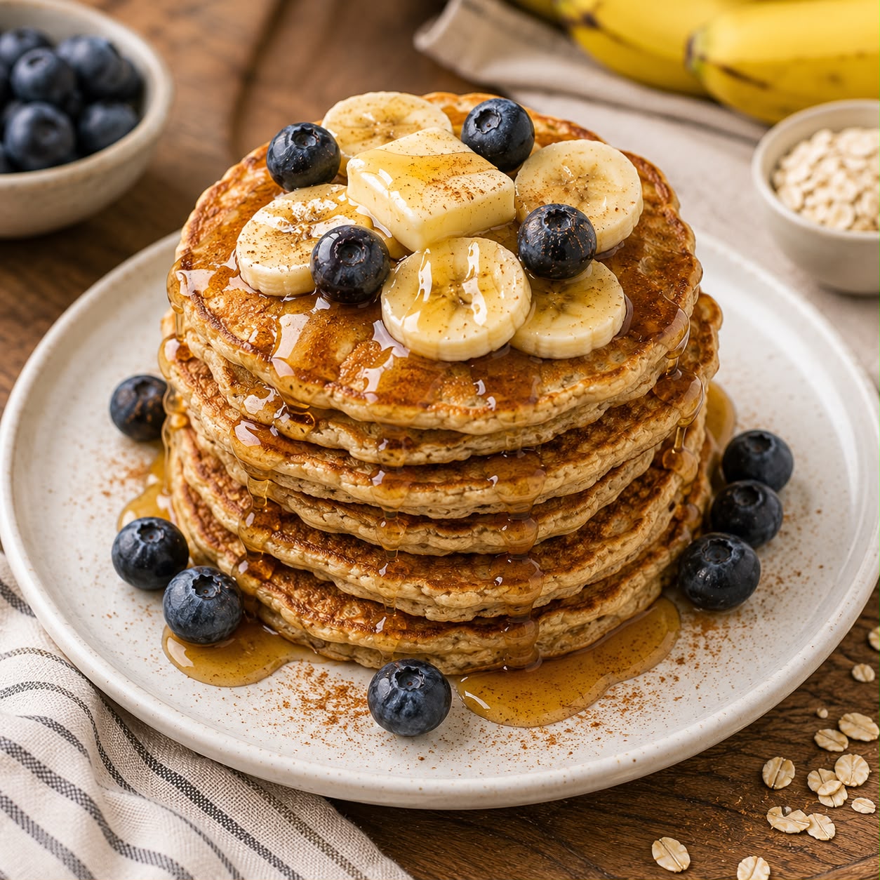 Fluffy banana oatmeal pancakes topped with banana slices, blueberries, melting butter, and maple syrup drizzle
