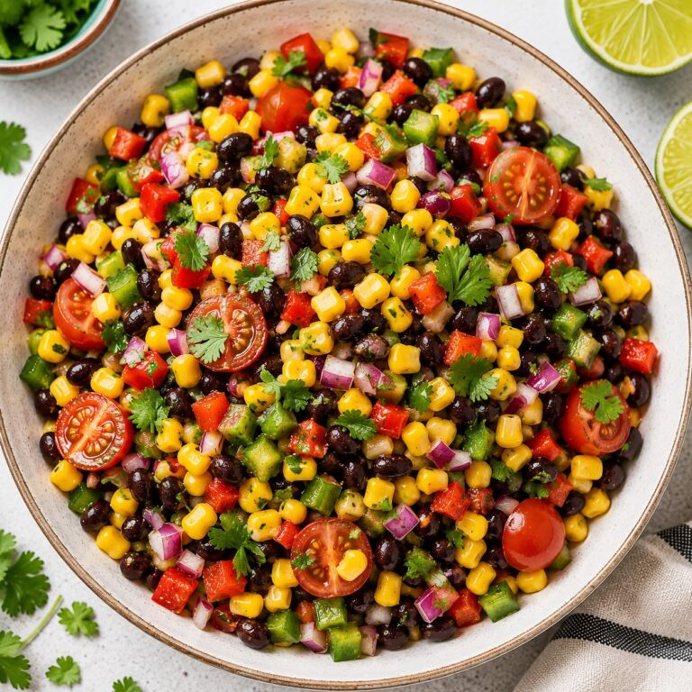 Quick black bean and corn salad with black beans, corn, tomatoes, bell peppers, and cilantro lime dressing