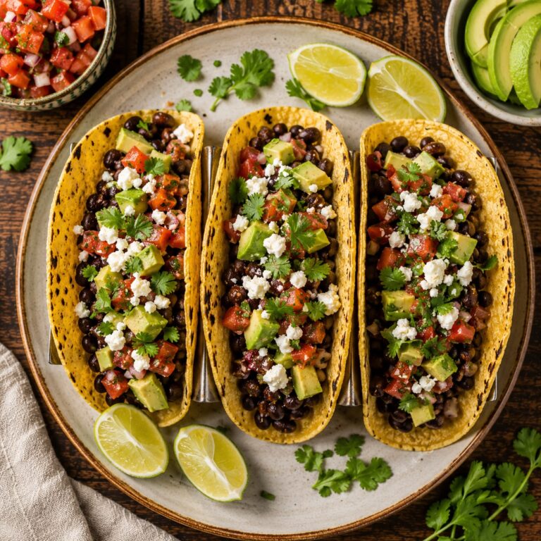 Black bean tacos in corn tortillas topped with seasoned black beans, fresh salsa, sliced avocado, crumbled cheese, and cilantro