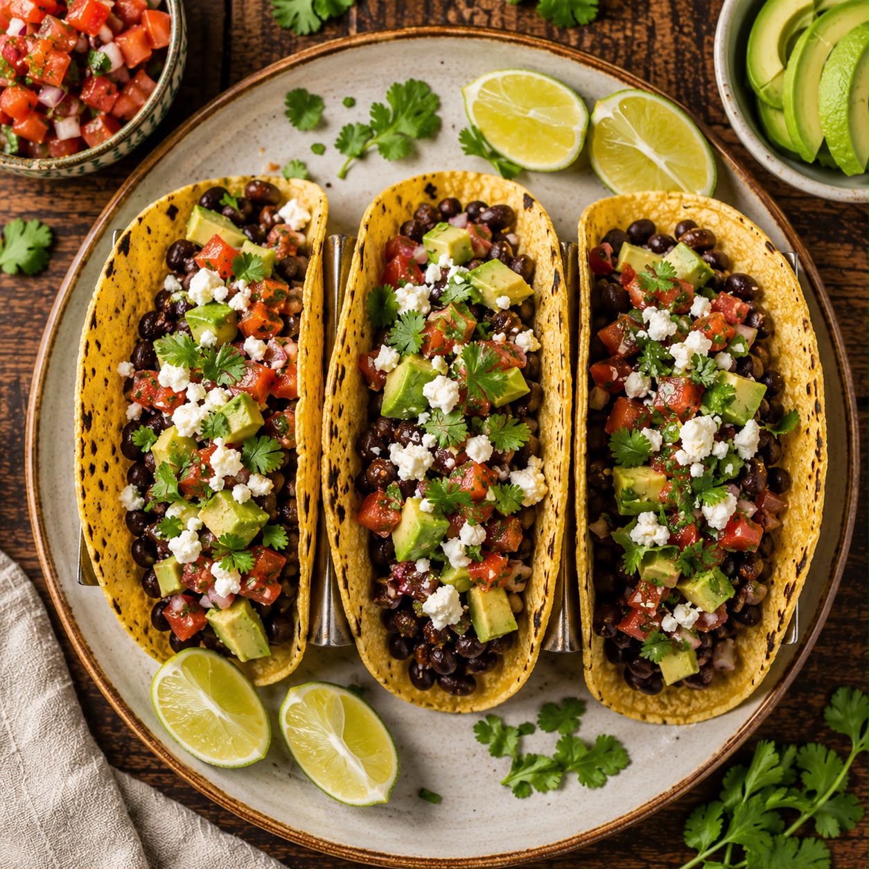 Black bean tacos in corn tortillas topped with seasoned black beans, fresh salsa, sliced avocado, crumbled cheese, and cilantro
