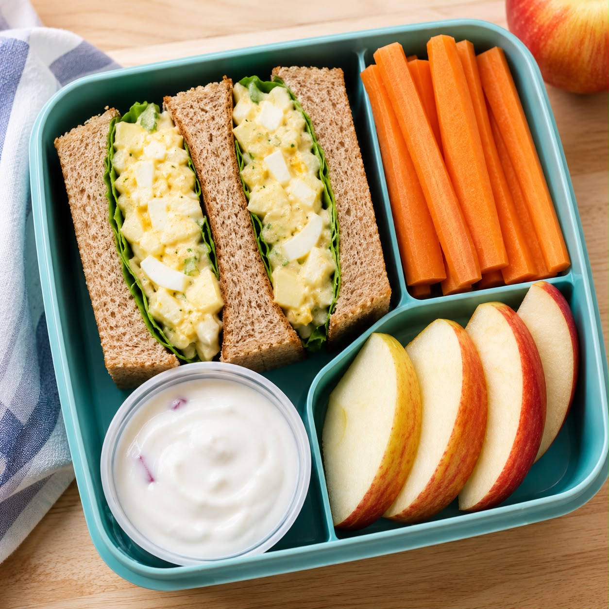 Budget-friendly lunchbox with egg salad sandwich on whole wheat, carrot sticks, apple slices, and a yogurt pot