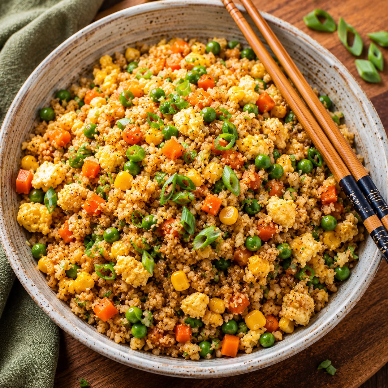 Colorful cauliflower rice stir-fry in a bowl with mixed vegetables, peas, carrots, corn, and scrambled egg bits