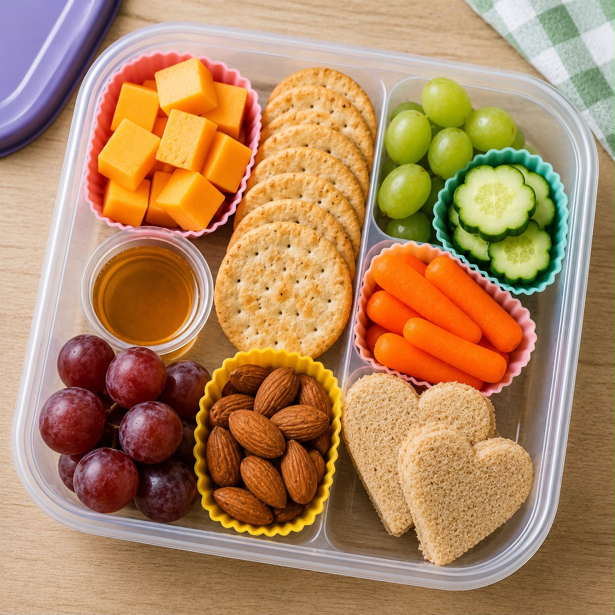 Cheese and crackers bento box with assorted crackers, cheddar cubes, grapes, almonds, and honey