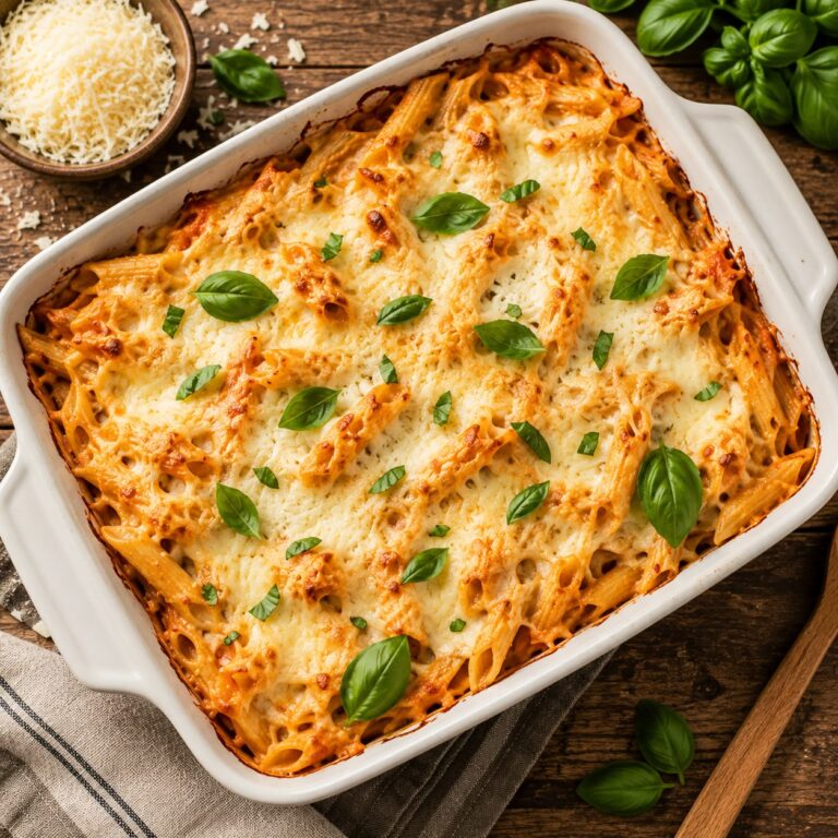 Golden baked pasta with melted mozzarella and Parmesan in a baking dish garnished with fresh basil