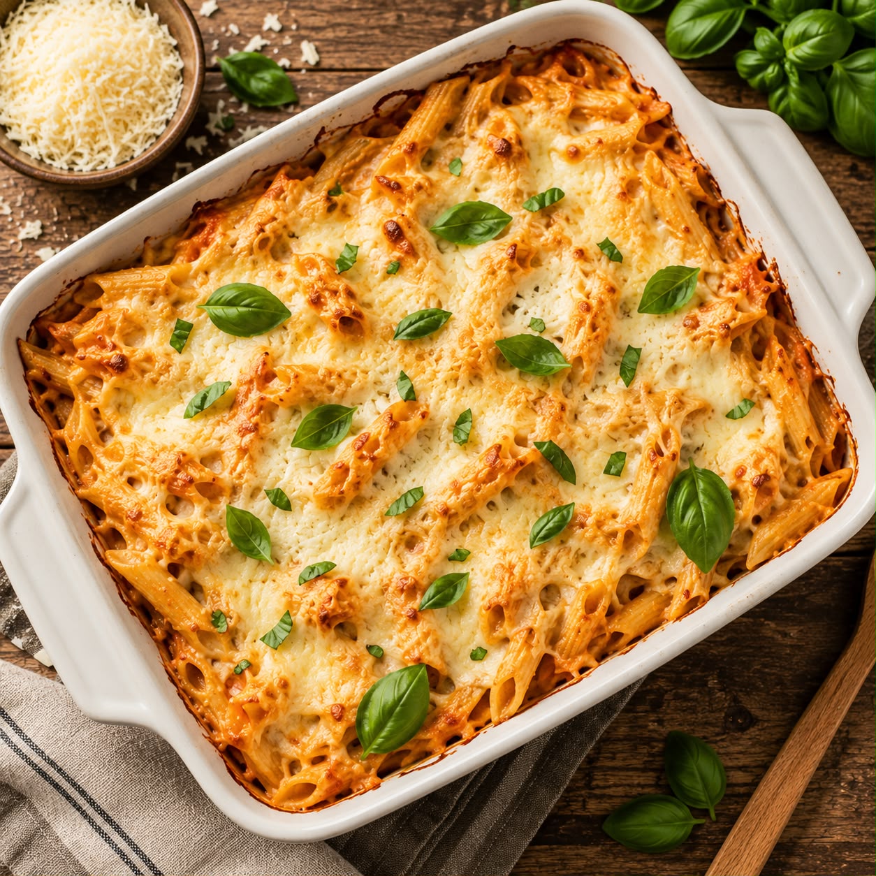 Golden baked pasta with melted mozzarella and Parmesan in a baking dish garnished with fresh basil