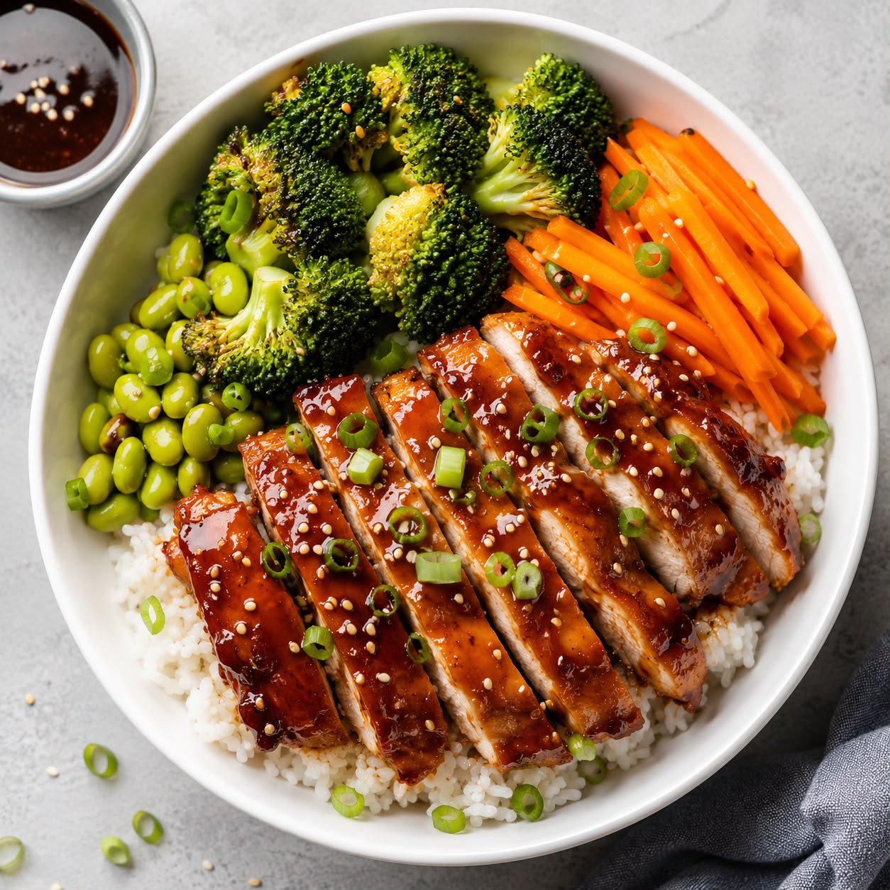 Glazed chicken teriyaki bowl with steamed rice, sautéed broccoli, carrots, and sesame seeds in a white bowl