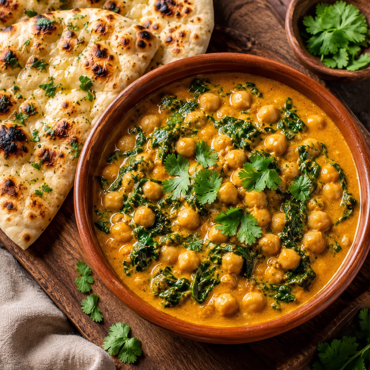 Creamy chickpea and spinach curry in a bowl, garnished with fresh cilantro, served with warm naan bread on the side