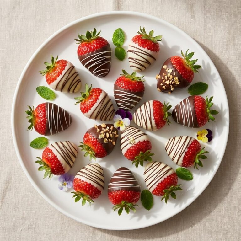 Chocolate-dipped strawberries on a plate with dark and white chocolate drizzle, premium dessert presentation