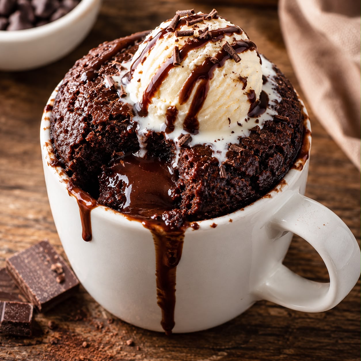 Rich chocolate mug cake in a ceramic mug, cracked top with molten center, a scoop of vanilla ice cream melting on top