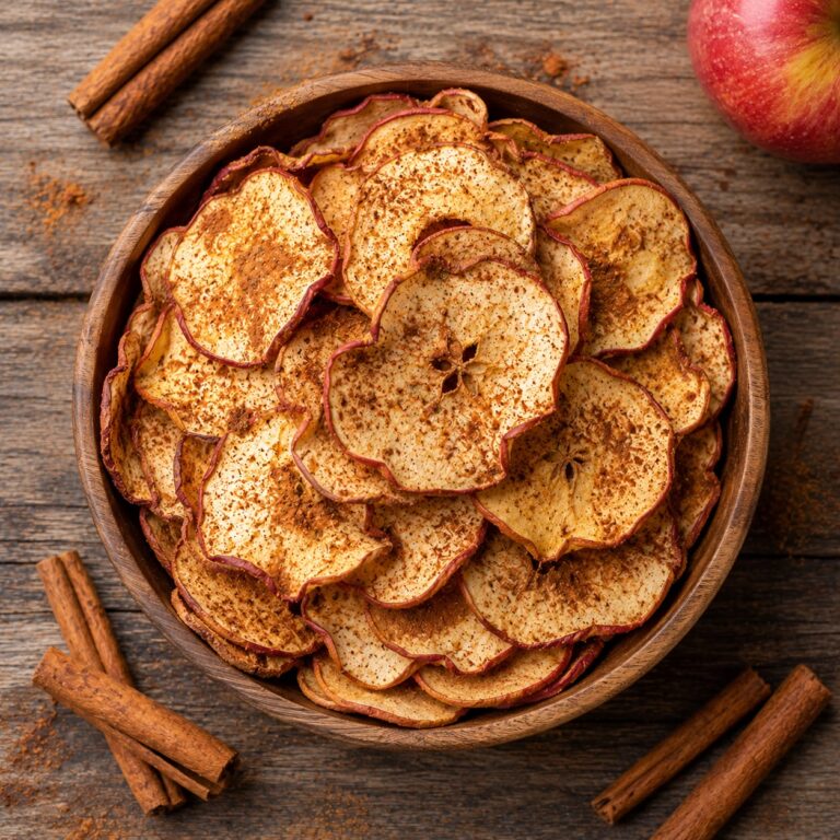 Crispy cinnamon apple chips in a wooden bowl with cinnamon sticks scattered around on a rustic table