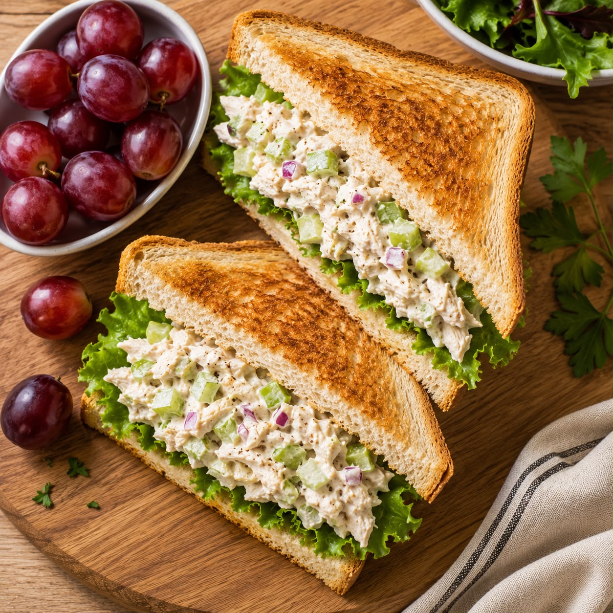 Classic chicken salad sandwich on toasted bread with lettuce, served with red grapes on the side