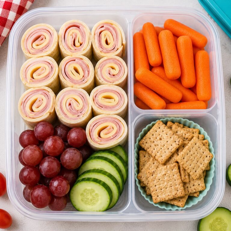 Classic ham and cheese roll-ups sliced into pinwheels arranged in a lunchbox with grapes and cucumber