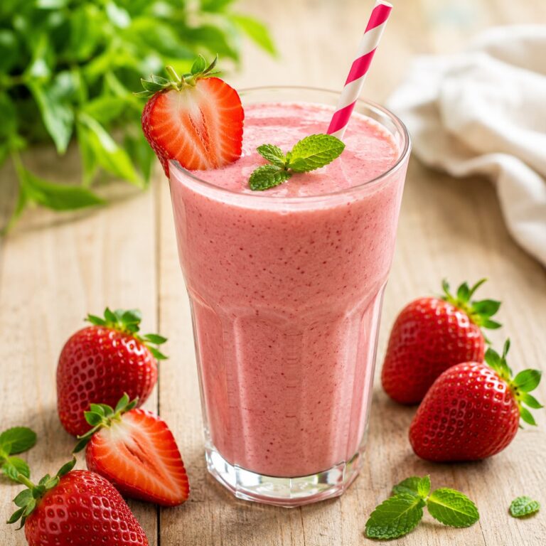 Creamy pink strawberry smoothie in a tall glass with fresh strawberries and mint garnish