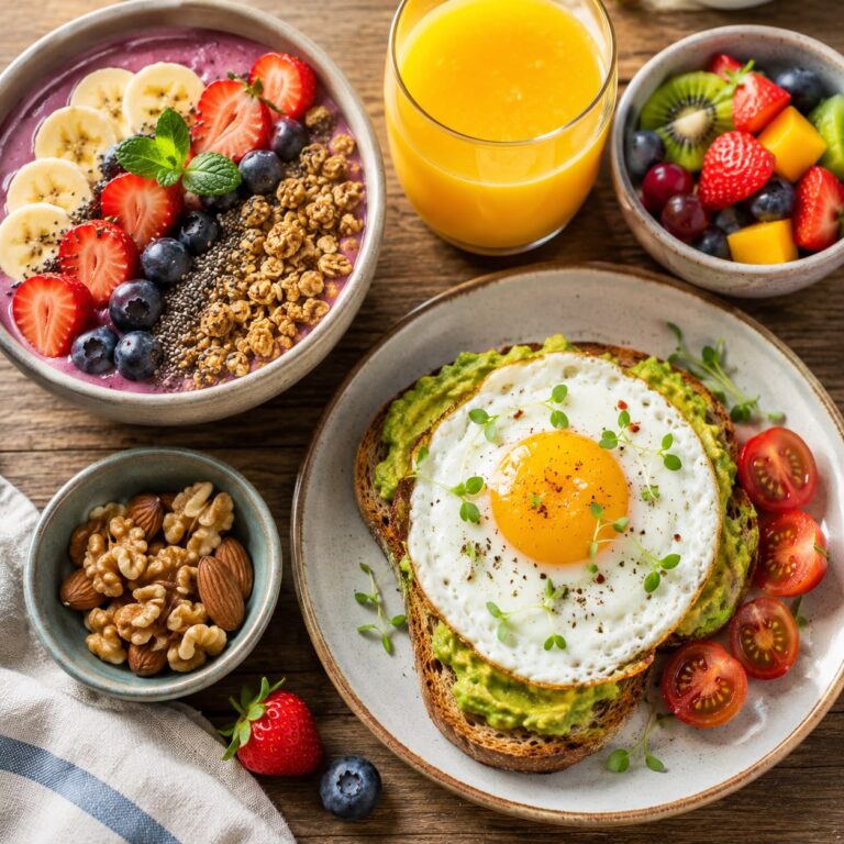 A collection of healthy breakfast items: smoothie bowl, avocado toast, fruit, and orange juice on a wooden table
