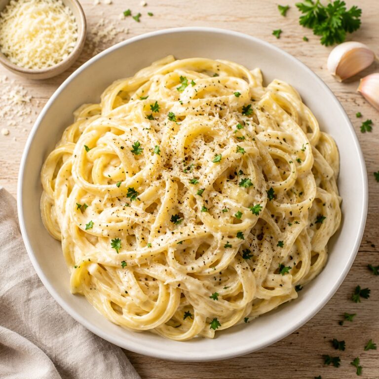 Creamy garlic butter pasta in a white ceramic bowl with Parmesan sauce, fresh parsley, and cracked black pepper