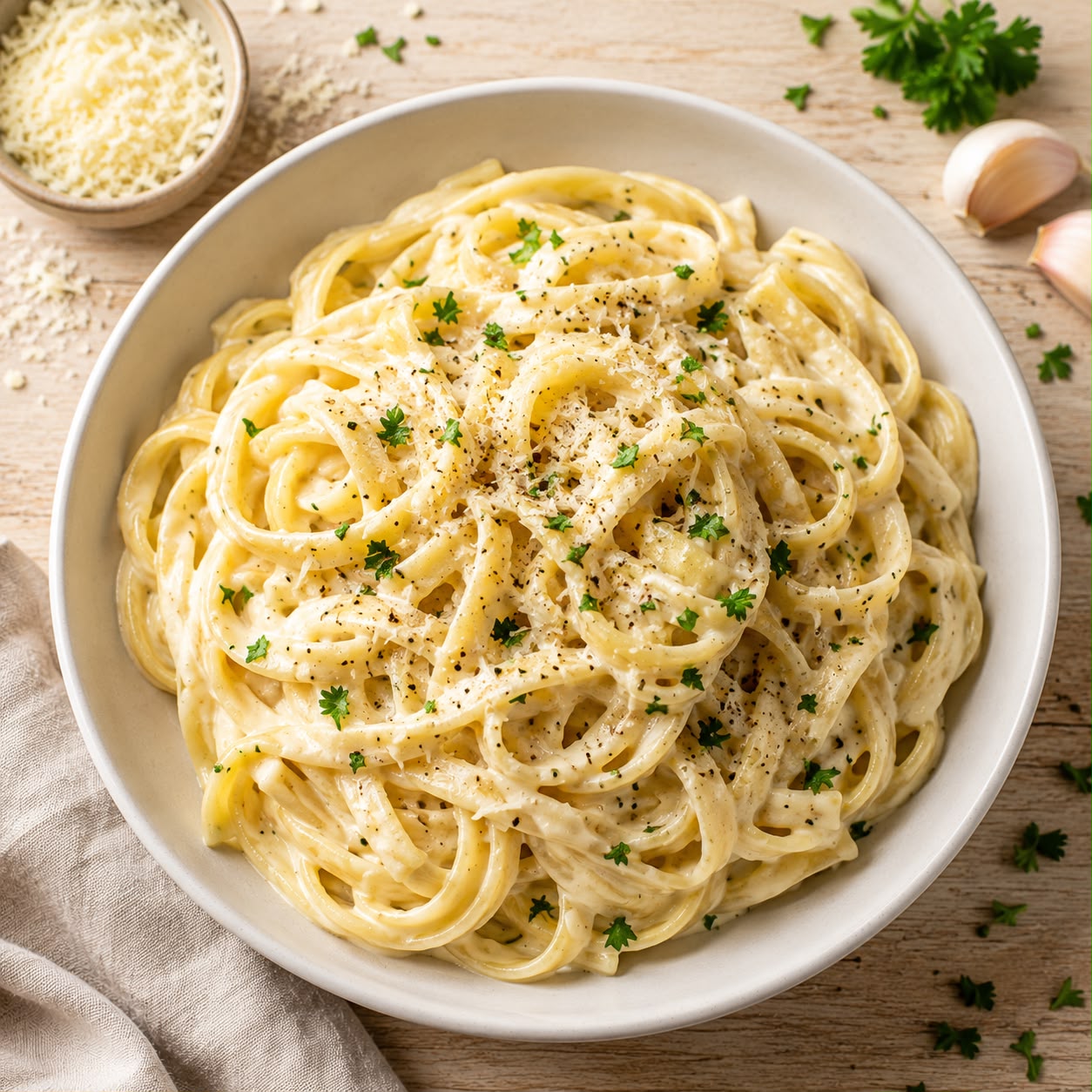 Creamy garlic butter pasta in a white ceramic bowl with Parmesan sauce, fresh parsley, and cracked black pepper