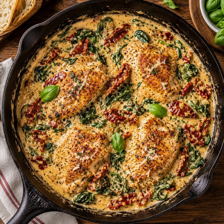 Creamy Tuscan chicken in a rich parmesan sauce with sun-dried tomatoes and spinach, served in a skillet
