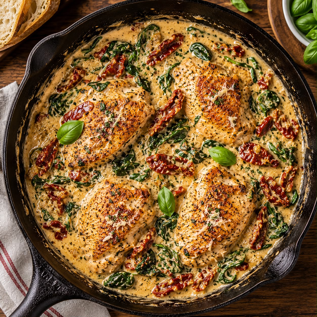 Creamy Tuscan chicken in a rich parmesan sauce with sun-dried tomatoes and spinach, served in a skillet