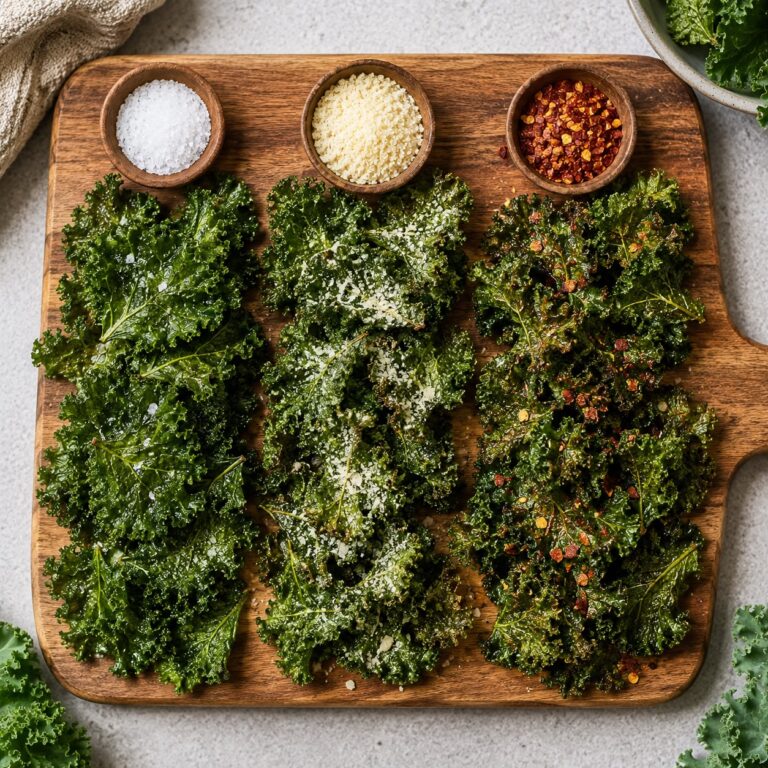 Crispy kale chips in three flavours on a wooden board with sea salt, parmesan, and spicy