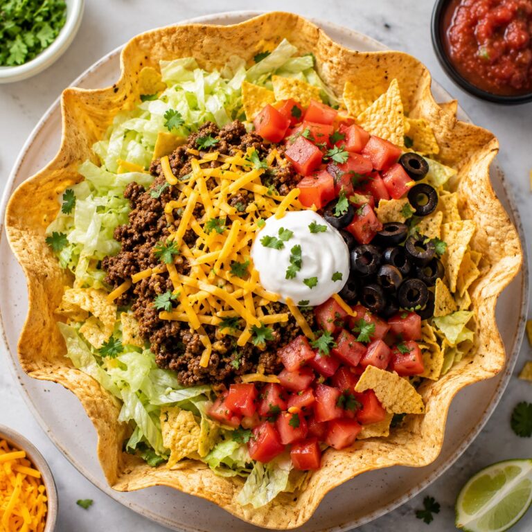 Colorful taco salad in a crispy tortilla bowl with seasoned ground beef, shredded lettuce, diced tomatoes, cheese, sour cream, and black olives