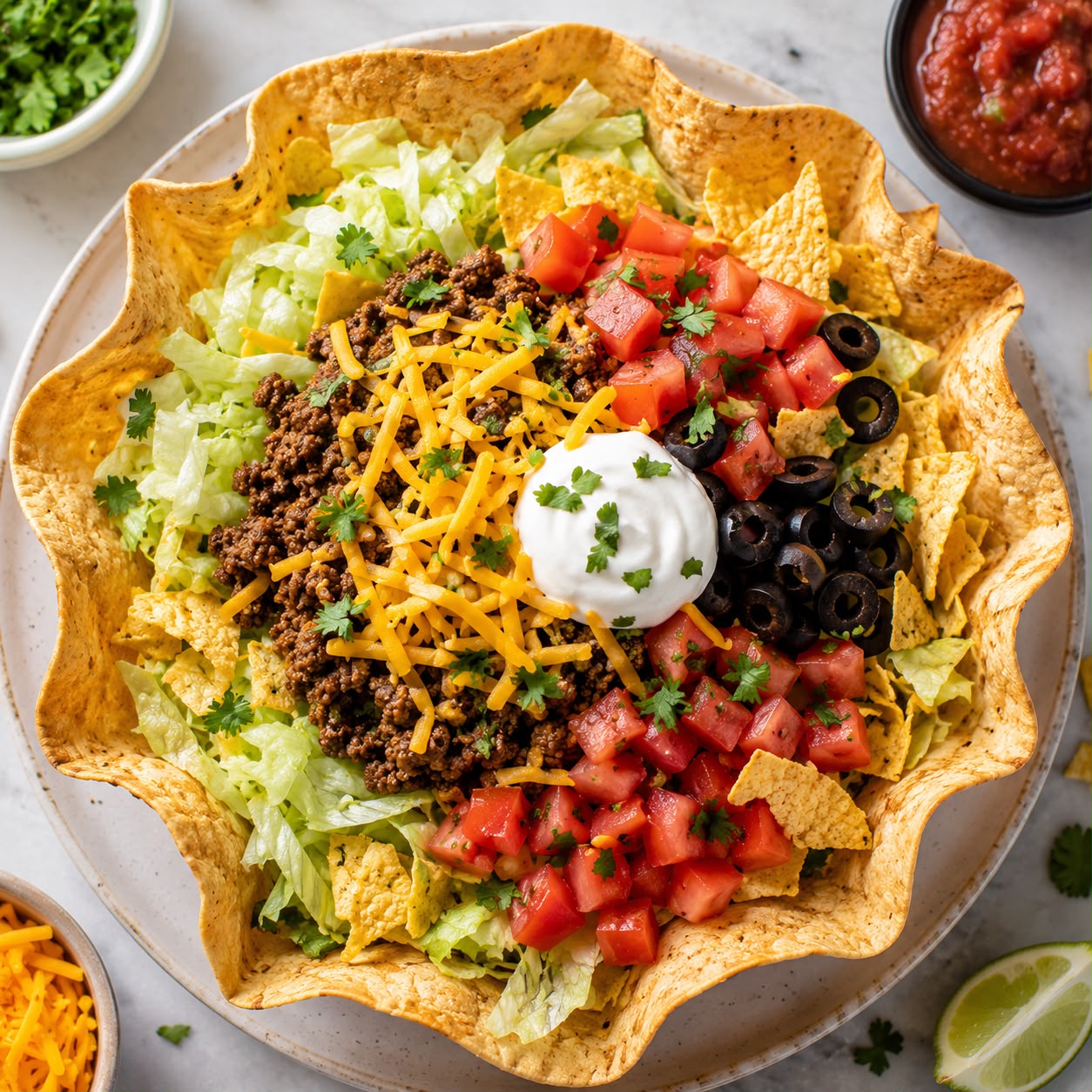Colorful taco salad in a crispy tortilla bowl with seasoned ground beef, shredded lettuce, diced tomatoes, cheese, sour cream, and black olives