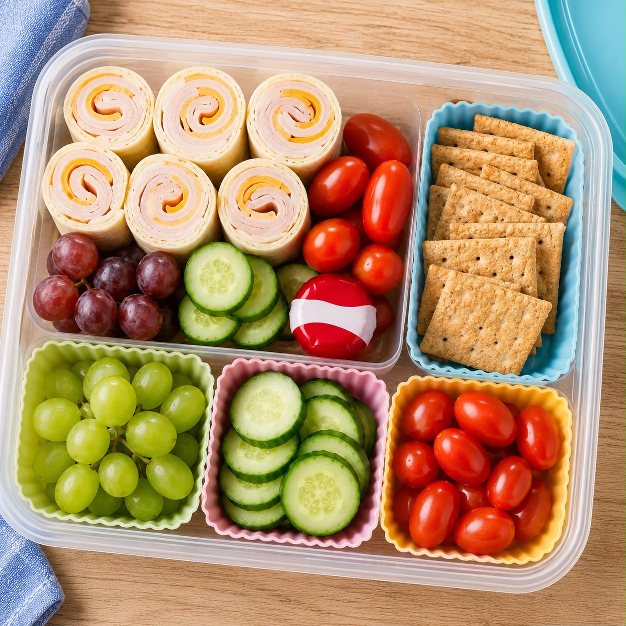 DIY bento lunch box with compartments containing mini sandwiches, cucumber flowers, cheese, edamame, and strawberries