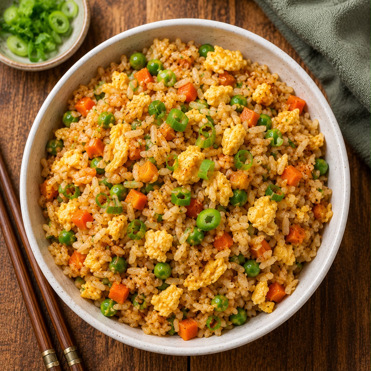 Bowl of egg fried rice with scrambled eggs, green peas, carrots, and sliced green onions with chopsticks