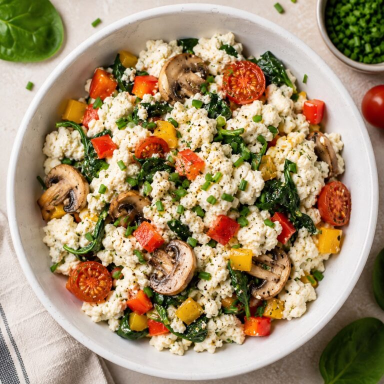 Light and fluffy egg white veggie scramble with spinach, bell peppers, mushrooms, and tomatoes in a white bowl