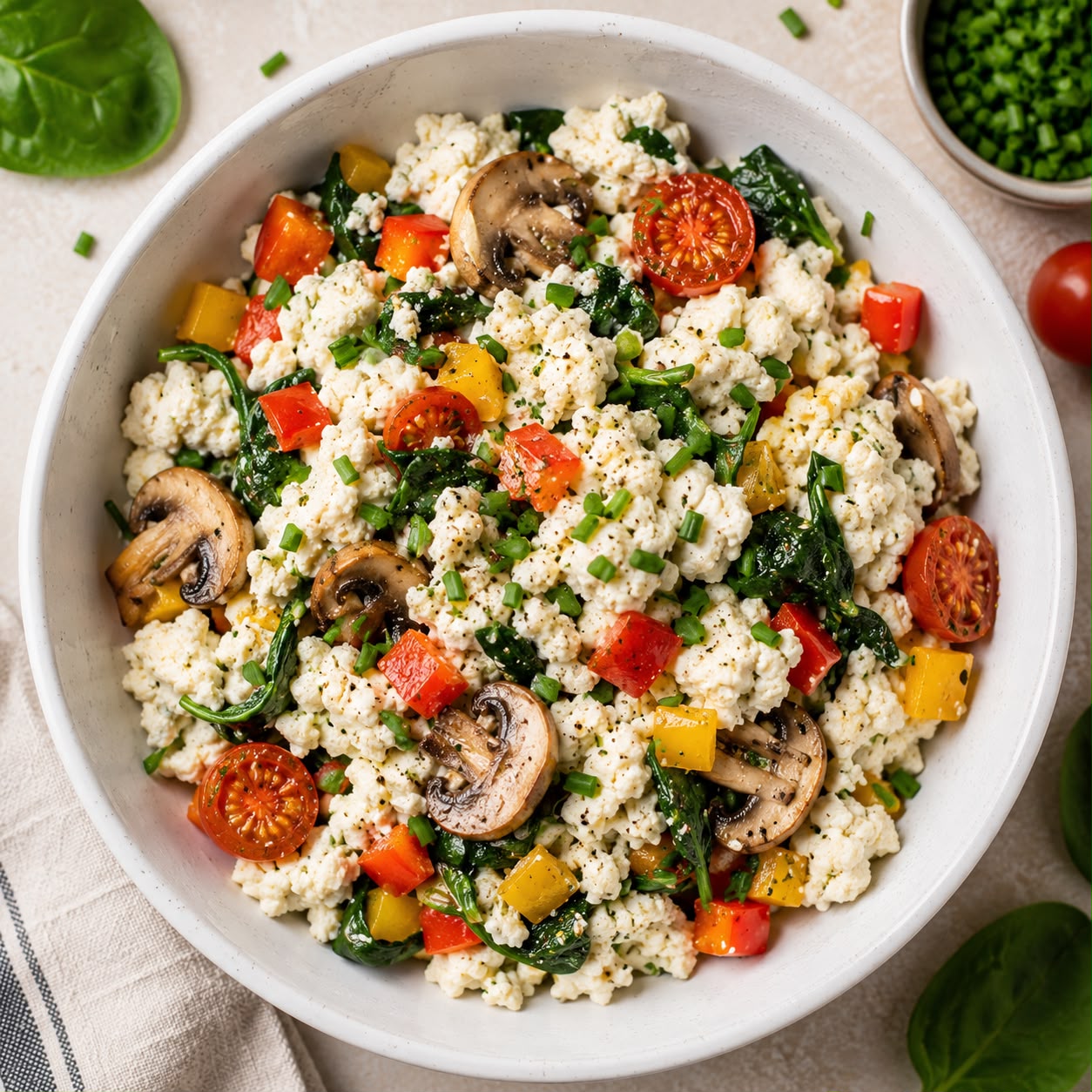 Light and fluffy egg white veggie scramble with spinach, bell peppers, mushrooms, and tomatoes in a white bowl