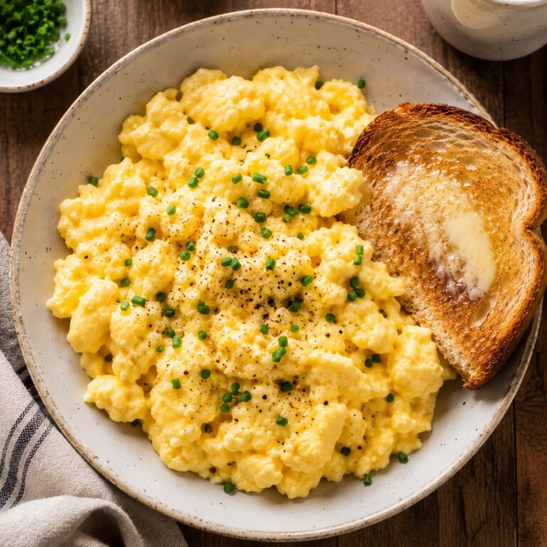 Perfectly fluffy scrambled eggs in a white ceramic bowl with fresh chives, black pepper, and buttered toast