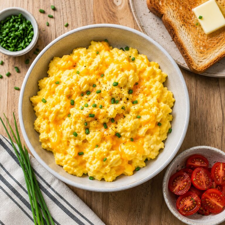 Fluffy scrambled eggs with melted cheddar cheese in a white bowl with buttered toast and cherry tomatoes