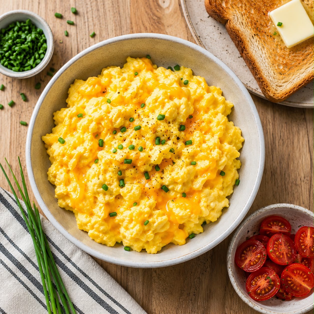 Fluffy scrambled eggs with melted cheddar cheese in a white bowl with buttered toast and cherry tomatoes