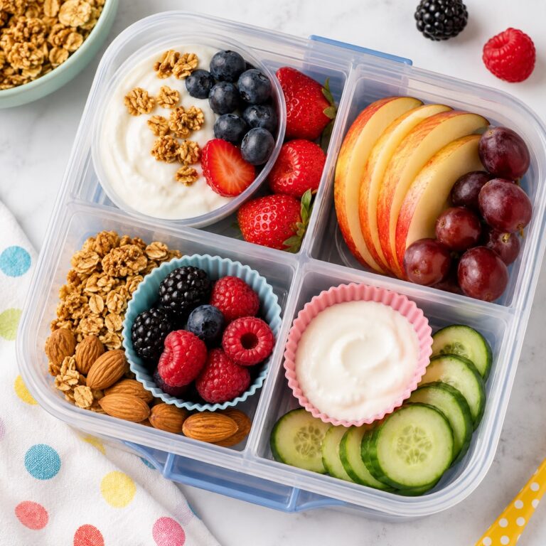 Fruit and yoghurt lunchbox with Greek yogurt, fresh mixed berries, sliced apple, grapes, and granola