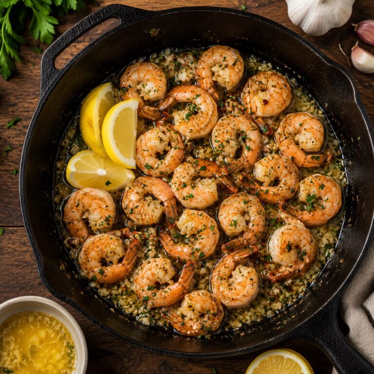 Garlic butter shrimp in a cast iron skillet with fresh parsley and lemon wedges