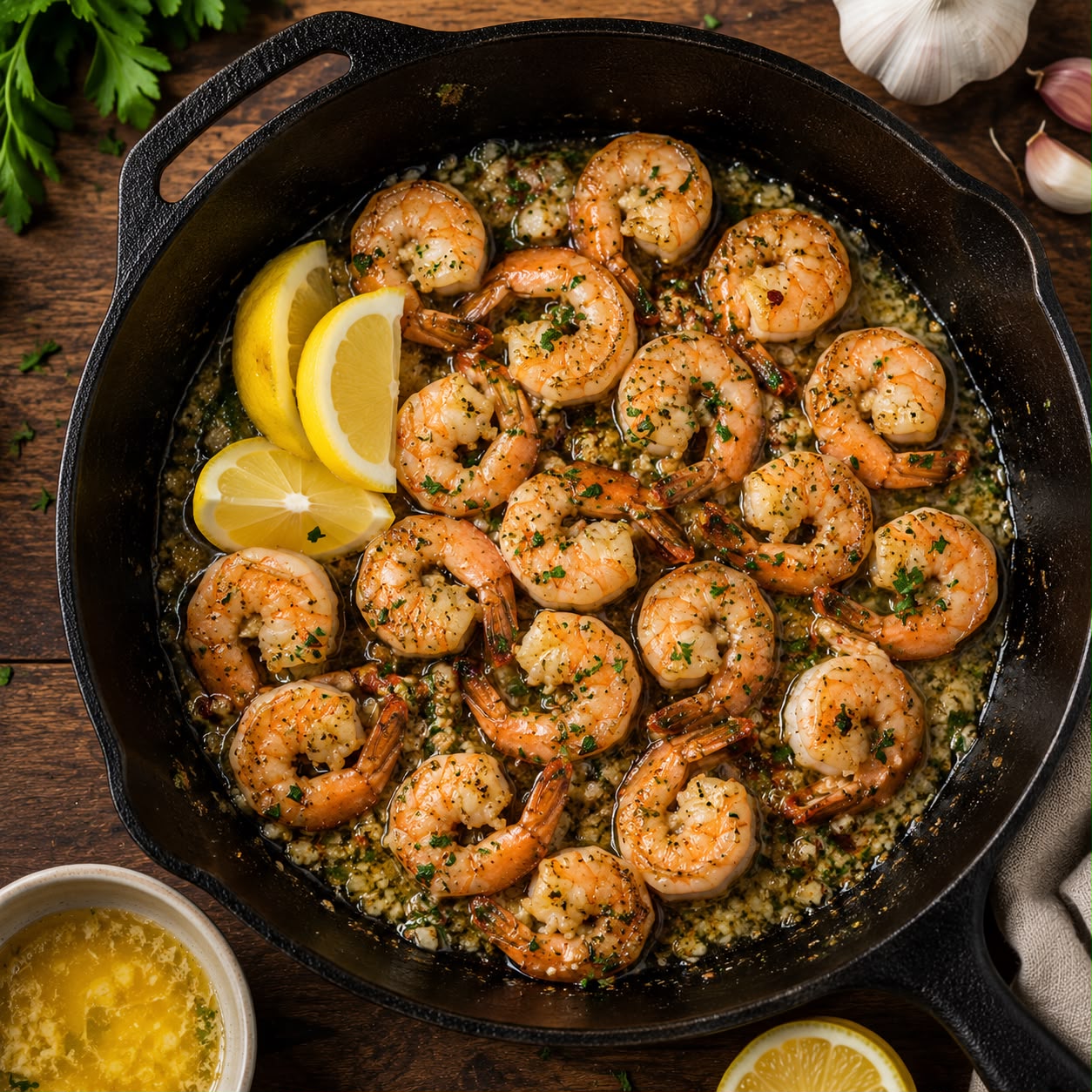 Garlic butter shrimp in a cast iron skillet with fresh parsley and lemon wedges