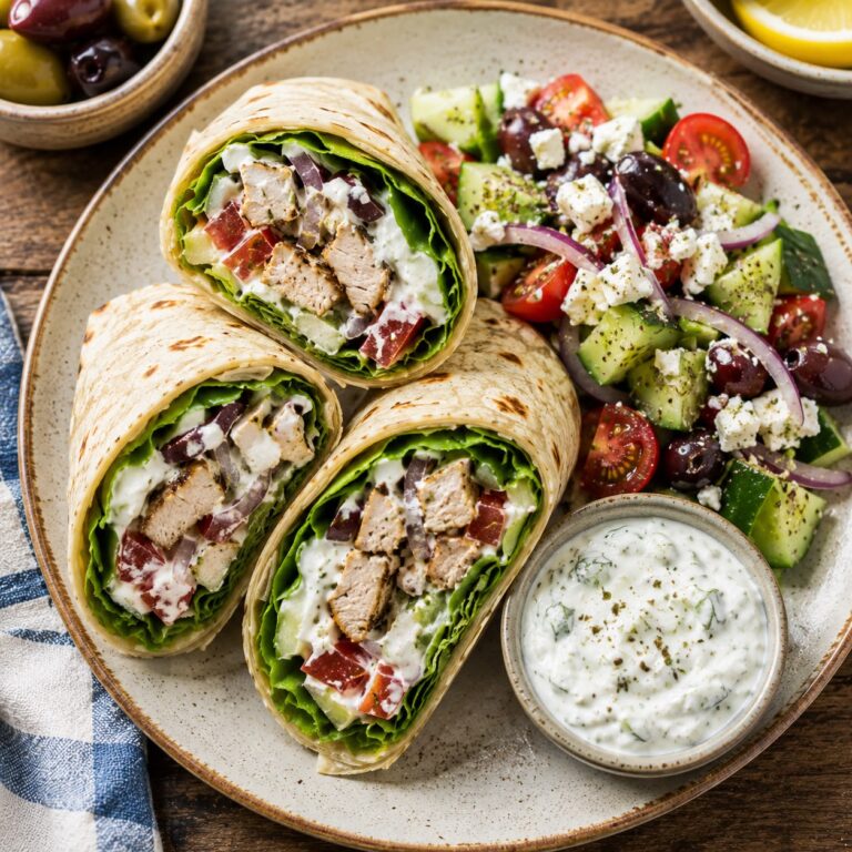 Greek salad wrap cut in half with lettuce, tomato, cucumber, feta, and olives wrapped in a flour tortilla