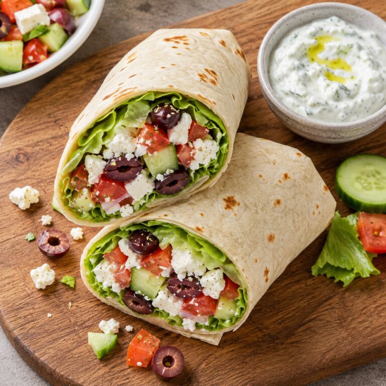Greek wrap with tzatziki sauce sliced and arranged on a plate with a side of cucumber and tomato salad
