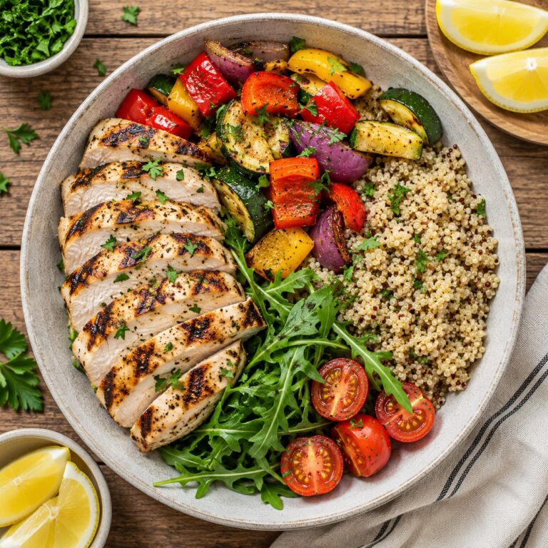 Grilled chicken and vegetable bowl with sliced chicken, roasted vegetables, quinoa, and arugula on a rustic plate