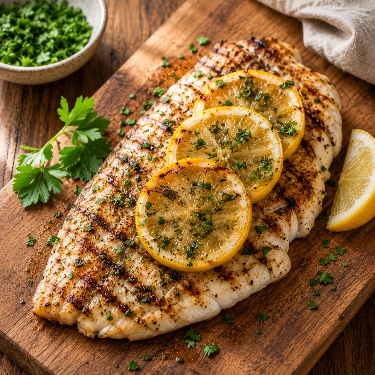Grilled white fish fillet topped with lemon slices and fresh parsley on a wooden board