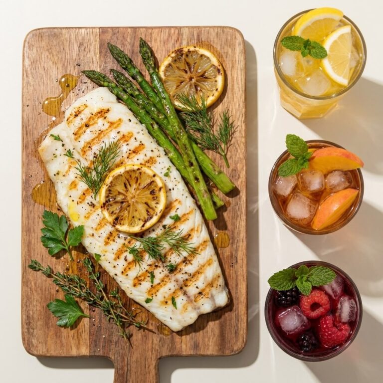 Grilled lemon herb fish with golden grill marks, lemon slices, fresh herbs, and asparagus
