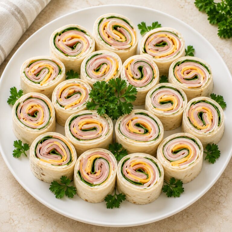 Sliced ham and cheese roll-ups arranged in a circular pattern on a white plate, garnished with fresh parsley