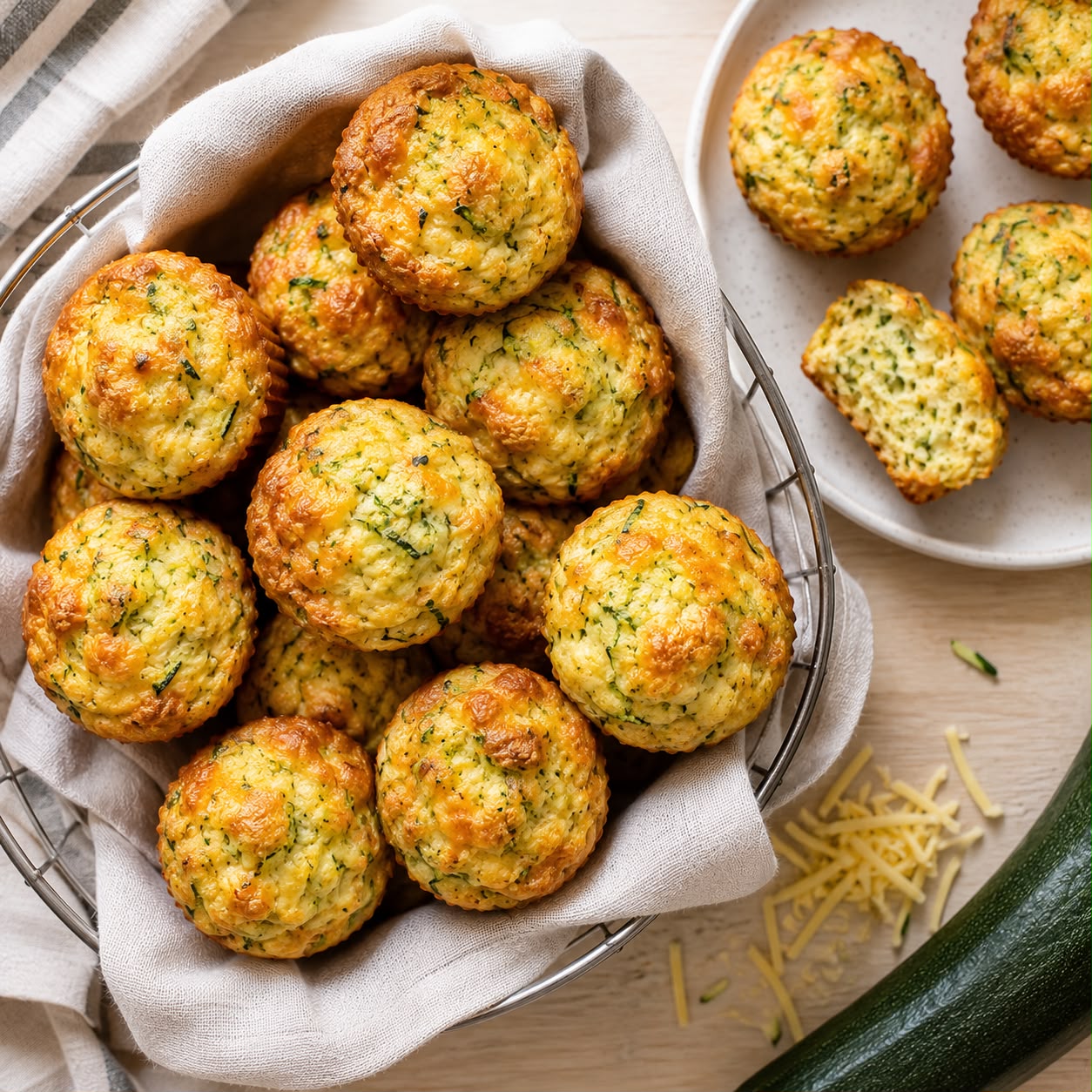 Healthy savoury lunchbox muffins in a basket lined with a napkin, golden baked zucchini and cheese mini muffins